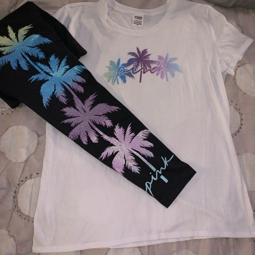Victoria's Secret Pink Black Palm Shine Leggings & Matching Palm
Shine T-Shirt